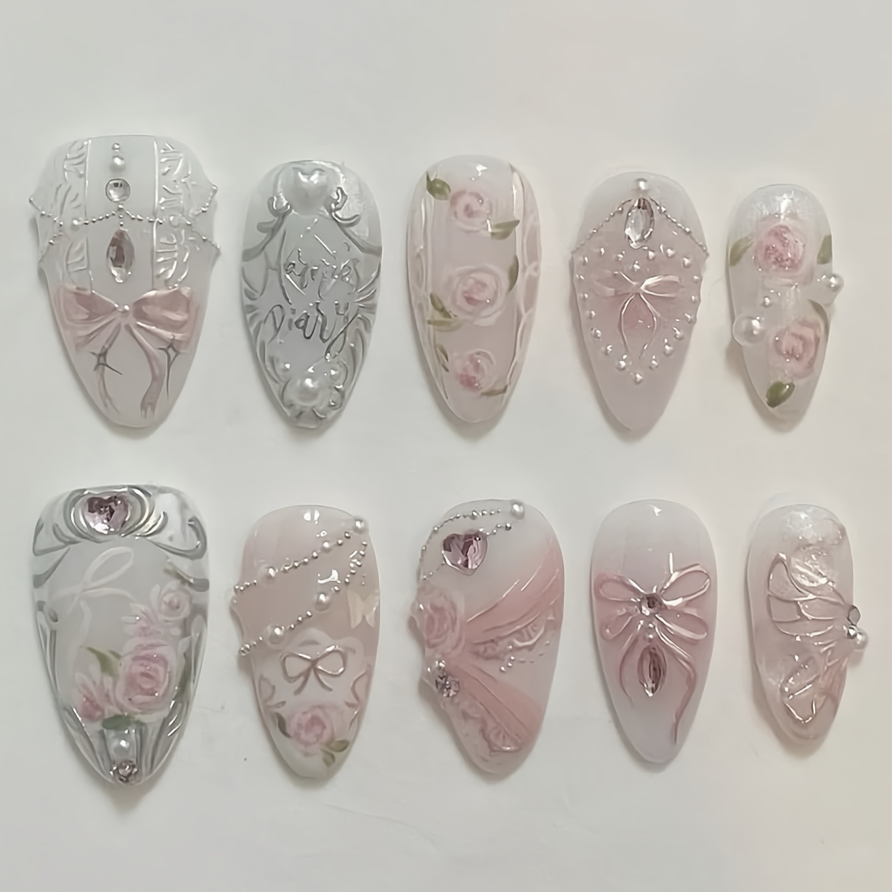 TEMU 24pcs Blush Press-on Nails Rose Floral False Nails Bowknot Art Short Fake Nails Almond Shape Nails Set Includes 1 Sheet Adhesive Tabs And 1pc