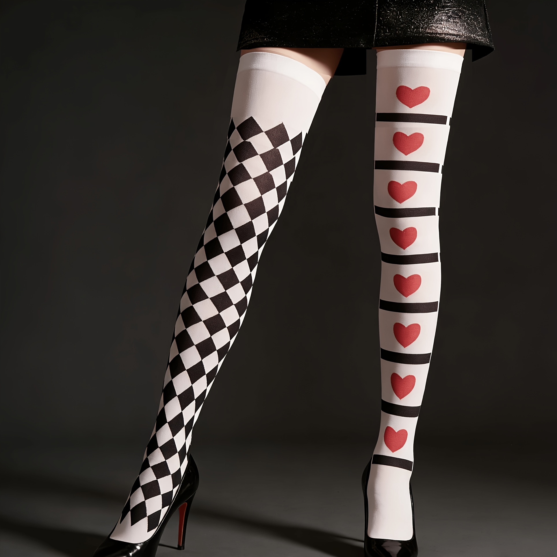TEMU Highly Elastic And Ab-side Heart-shaped Checkered Pattern Long Socks, Soft And That Slip, An Item For Afternoon Tea And Music Festival Themed