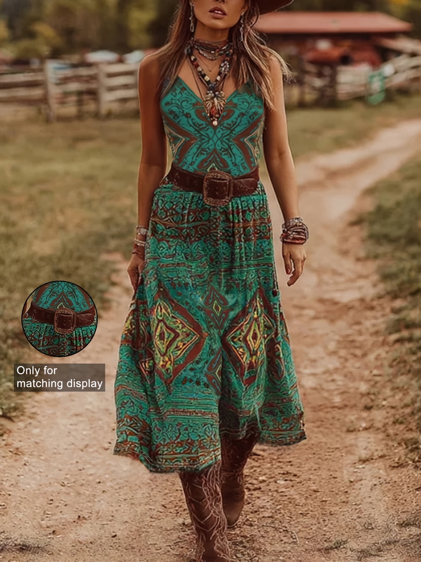 2026 Boho Print Ethnic * Pattern Midi Sundress, Boho Festival Outfit,  Casual Waist-Cinching A-Line Long Dress, Casual * New Summer Western  Vacation Dress, No Belt