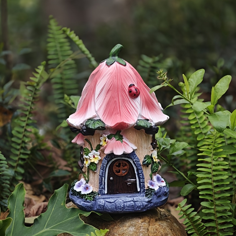 Image of 1pc Solar-powered Small Flower Decorative Lights, Tree House Lights, Flower Houses, Elf Houses, Resin Courtyard Decorative Lights, Suitable For Courtyards, Gardens, Tables, Lawns, And . A . Ip44