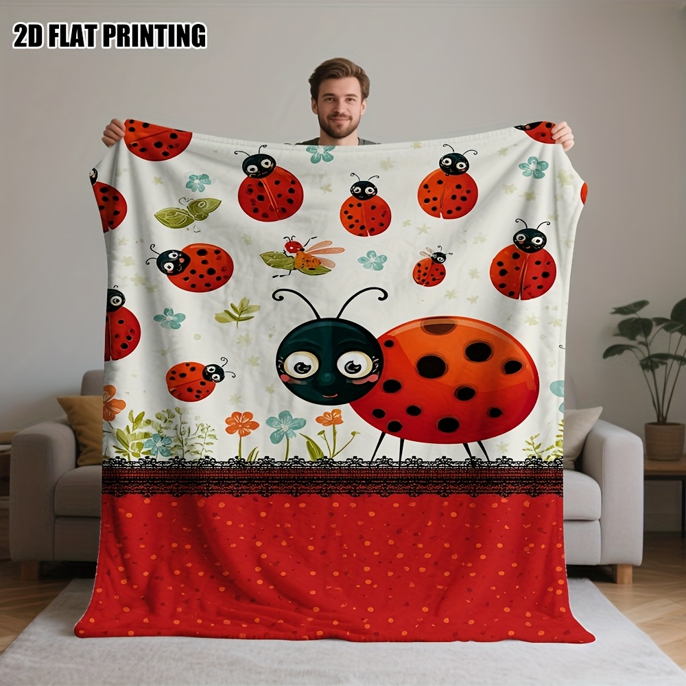 Manta cálida de 1 pieza con estampado plano 2D, diseño de mariquita adorable, tela duradera 100 % poliéster, regalos de Año Nuevo y Carnaval, adecuada para siestas, camping y viajes, regalos ideales para amigos, familiares y seres queridos, plano 2D