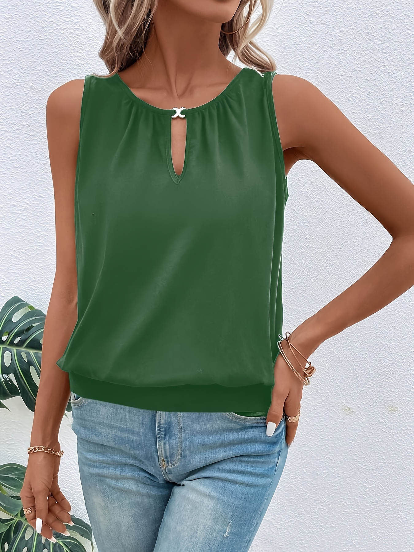 solid crew neck tank top casual sleeveless cut out top for spring summer womens clothing green 1