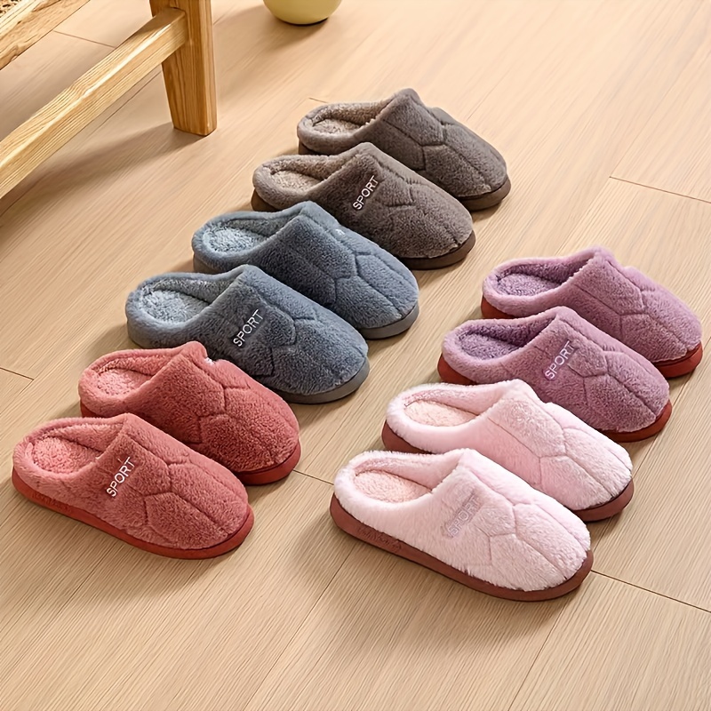 

Pantoufles d'intérieur confortables pour couples, chaussures d'intérieur chaudes en peluche à enfiler avec motif uni, dessus et doublure en tissu , semelle en PVC antidérapante