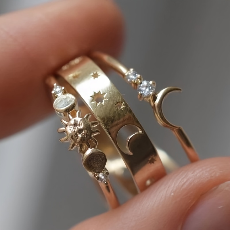 3pcs/ Set Synthetic Zirconia Ring Handmade Half Moon Stacking Dainty Ring Delicate Moon Design Ring Elegant Gemstone Ring , Gift For Her