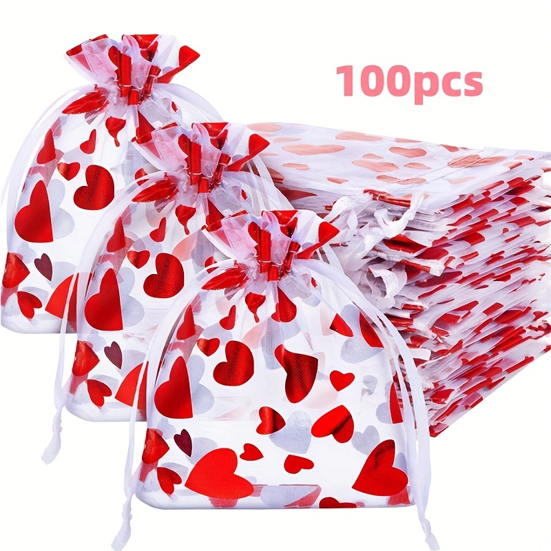 

100pcs Romantic Heart-shaped Organza Gift Bags With Drawstring, 3.15''x3.94'' - Ideal For Valentine's Day, Weddings, Parties, Jewelry & Cosmetics Pouches, White With Design, Valentines Decorations