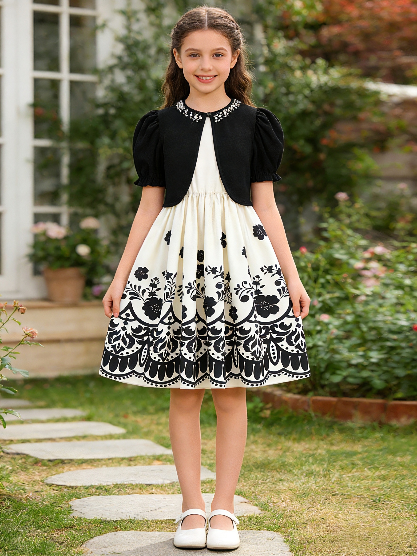 a stylish short sleeve beaded top print dress set girls aged