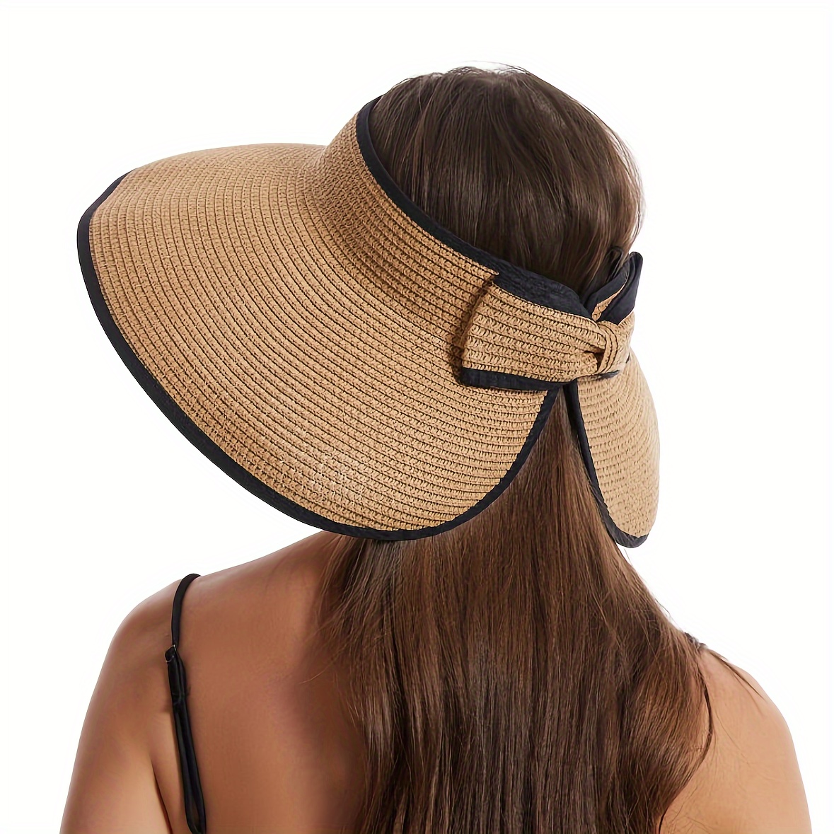 

Women's Summer Sun Visor Hat, Solid Color Straw Hat With Black Trim, Foldable Portable Open Top Wide Brim Cap For Uv Protection