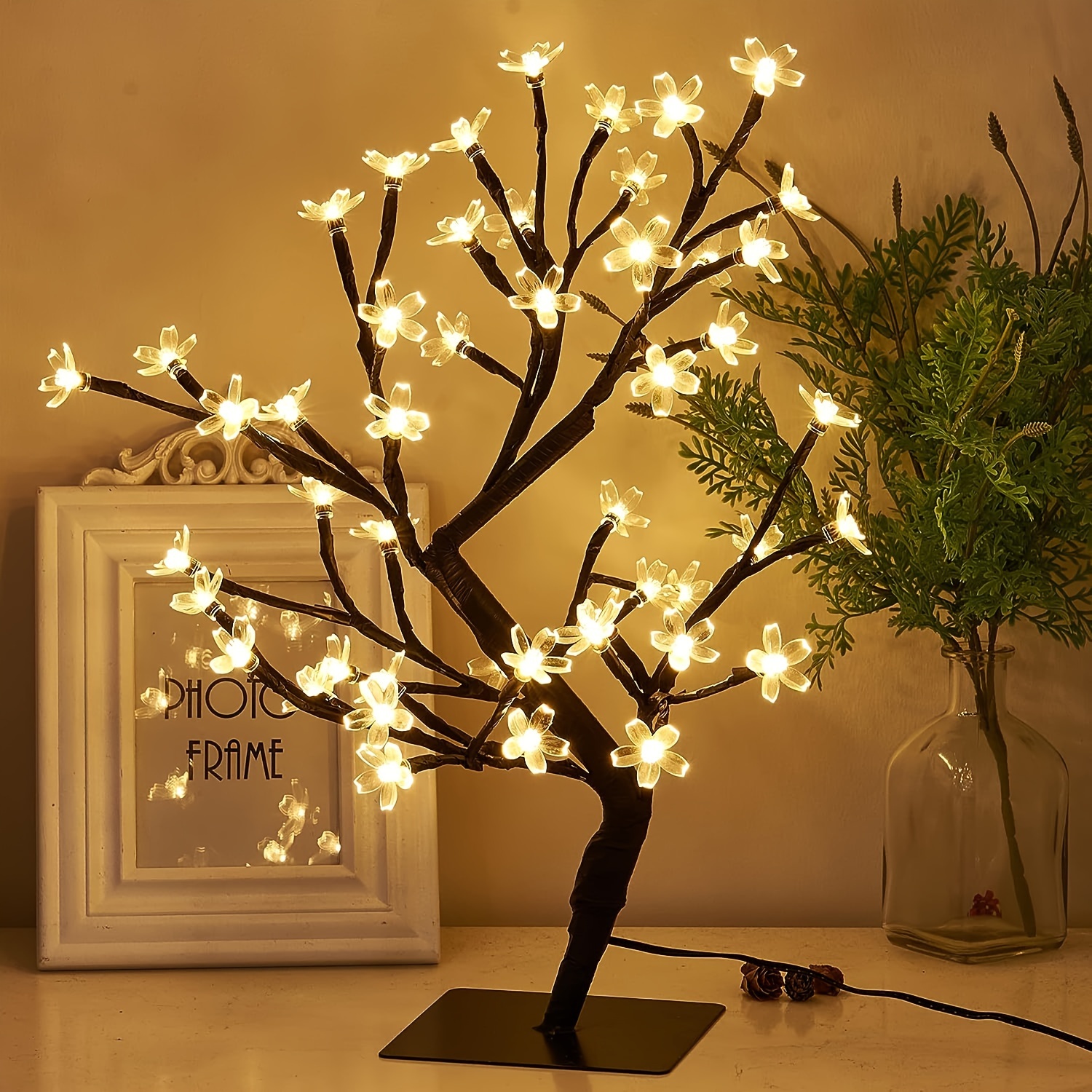 

48led Lighted Cherry Tree Warm White Lights Plug In Adapter Light Up For Christmas Indoor Home Bedroom Office Living Room Tabletop Tree Night Light Artificial Plants