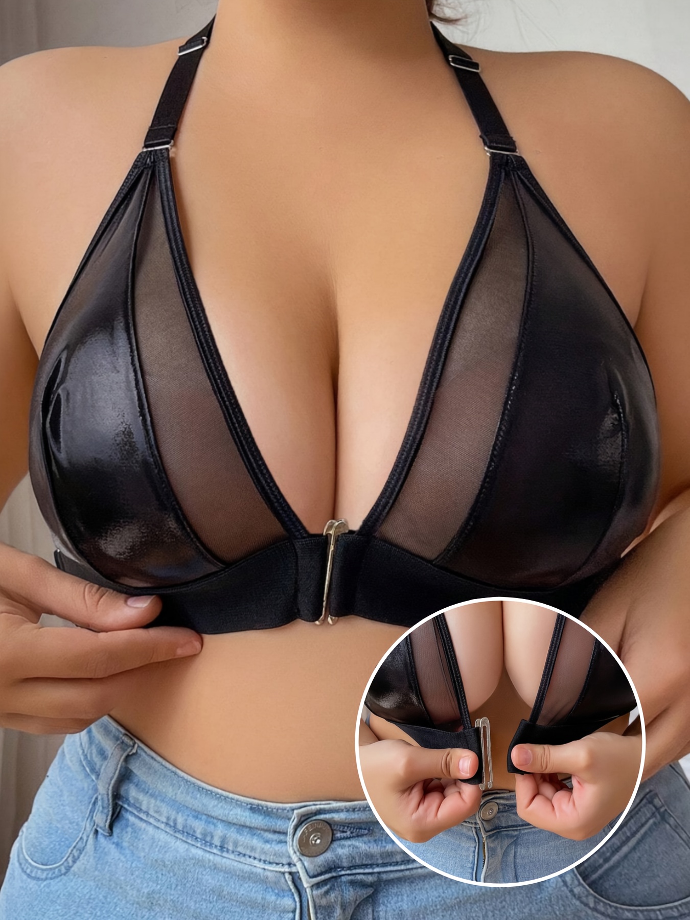 1pc Women'S Plus Size Sexy Halter Bra with Front Clasp and Cross-Back Sheer Mesh, Solid Color Knit Polyester, Slight Stretch, Wireless, No Padding - 90% Polyester 10% Elastane