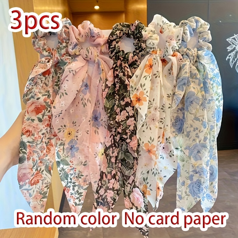 Image of Random 3/4/5pcs Colored Ribbon Floral Hair Ties, Floral Scarf Hair Rope, Hair Fixing