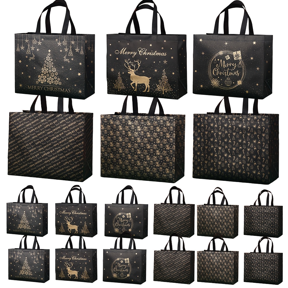 Image of 18pcs Of Large Vintage Black And Golden Pink Christmas Gift Bags, Non-closure Design, Perfect For Holiday Shopping, Reusable Festive Wraps For Women's Fashion Items