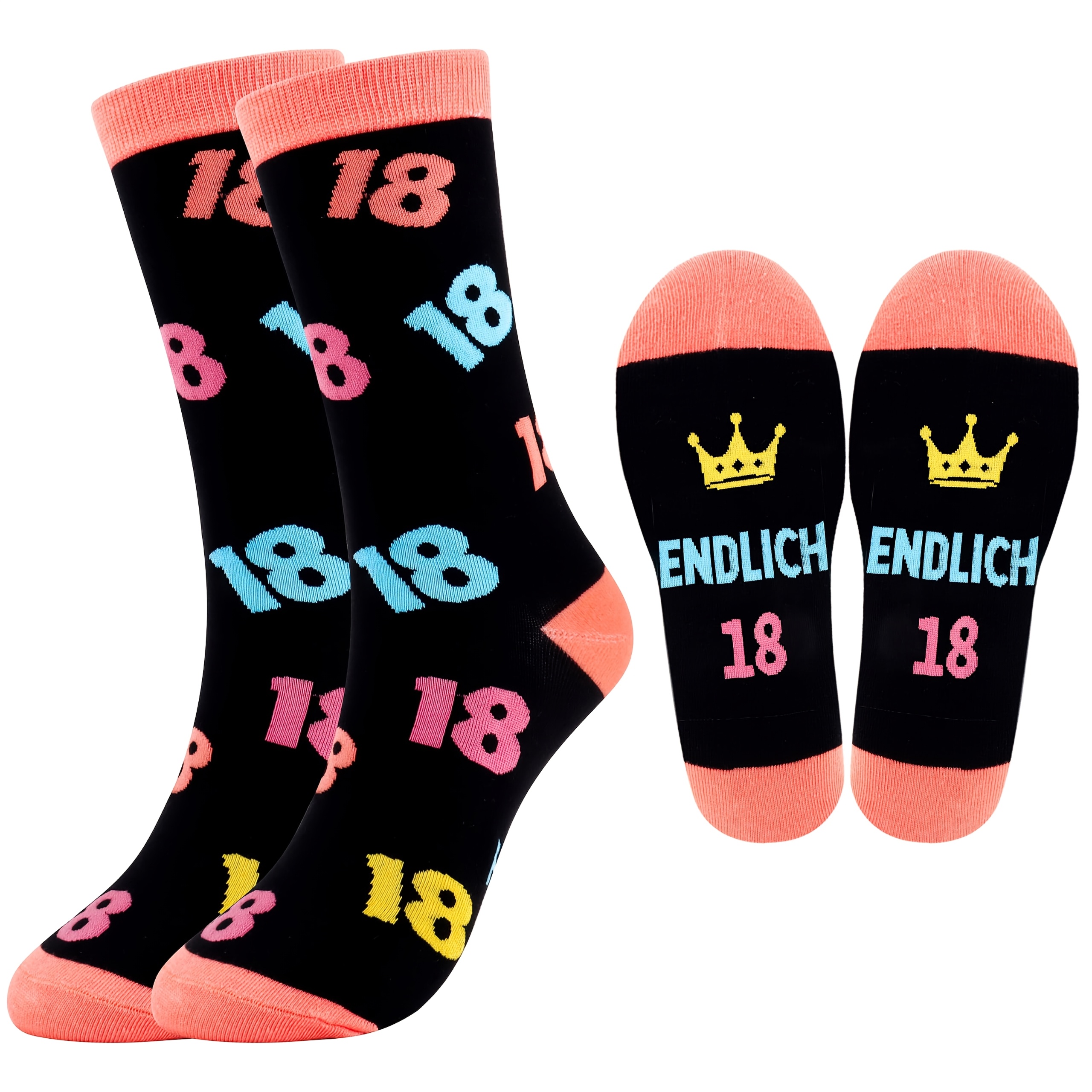 Image of 1-pair Valporia German-themed 18th Birthday Socks Suitable For , German Lettering & Number 18, Comfortable Mid-calf Novelty Gift For Teens And Adults, Birthday Outfits (machine Washable)