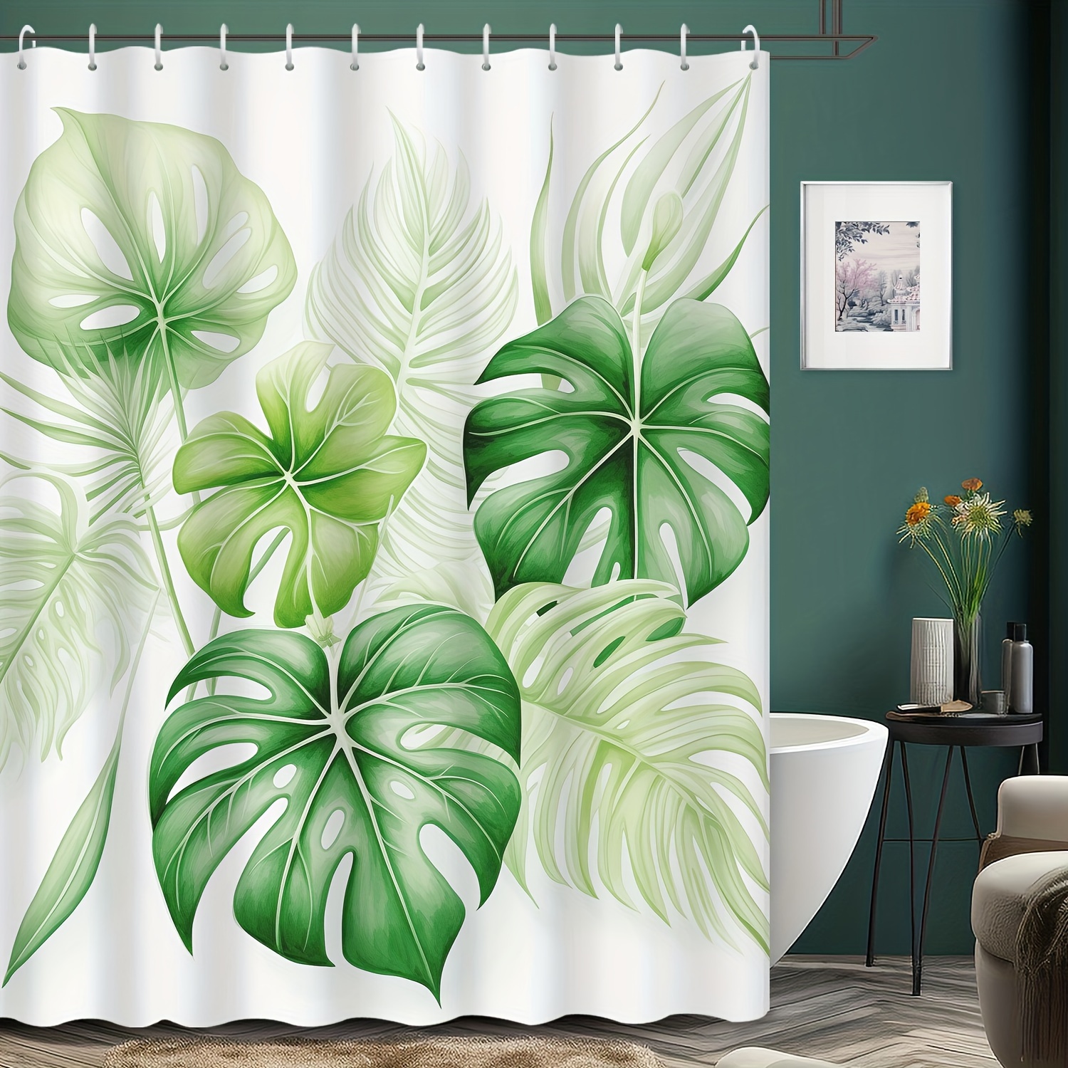 

1pc Tropical Green Leaf Print Shower Curtain, Waterproof & Mildew Resistant Shower Curtain, Home & Apartment Bathroom Decor, Hanging Tapestry Wall Art