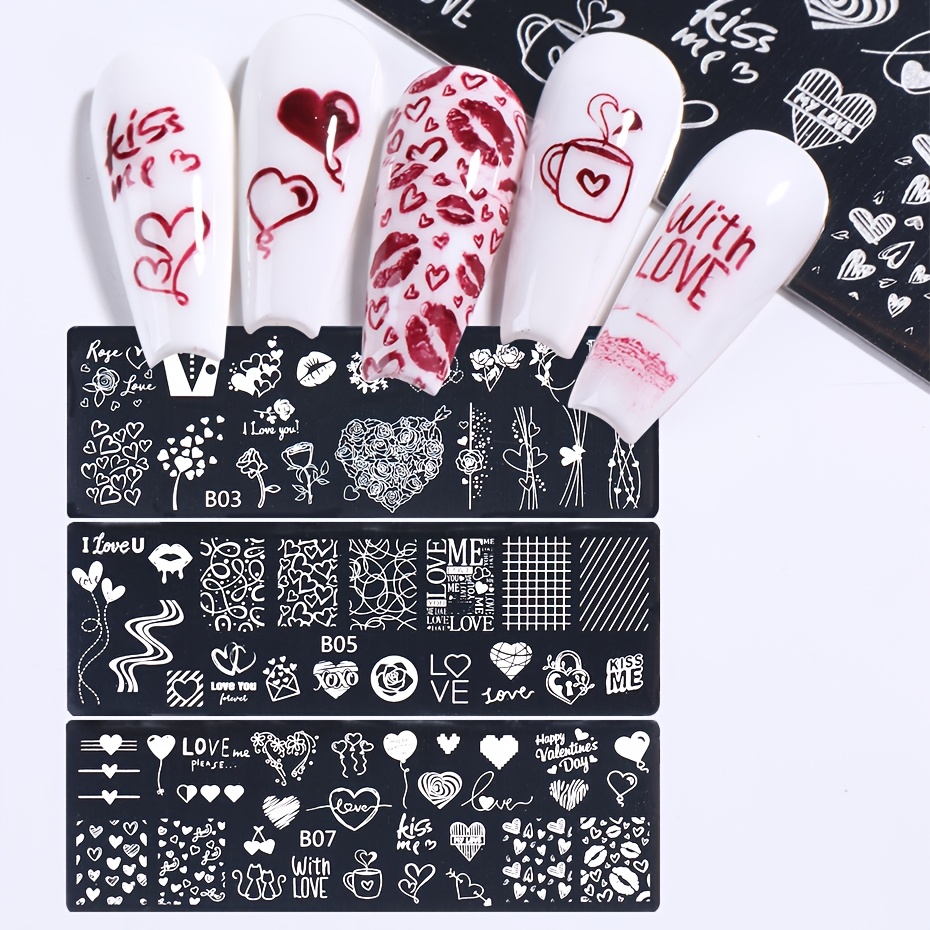 

3pcs Valentine's Day Nail Kit - Love, Roses & Lips Designs | Easy-to-use Heart & Floral Pattern Stencils For Diy | , Scent- Polish Tools With Scraper