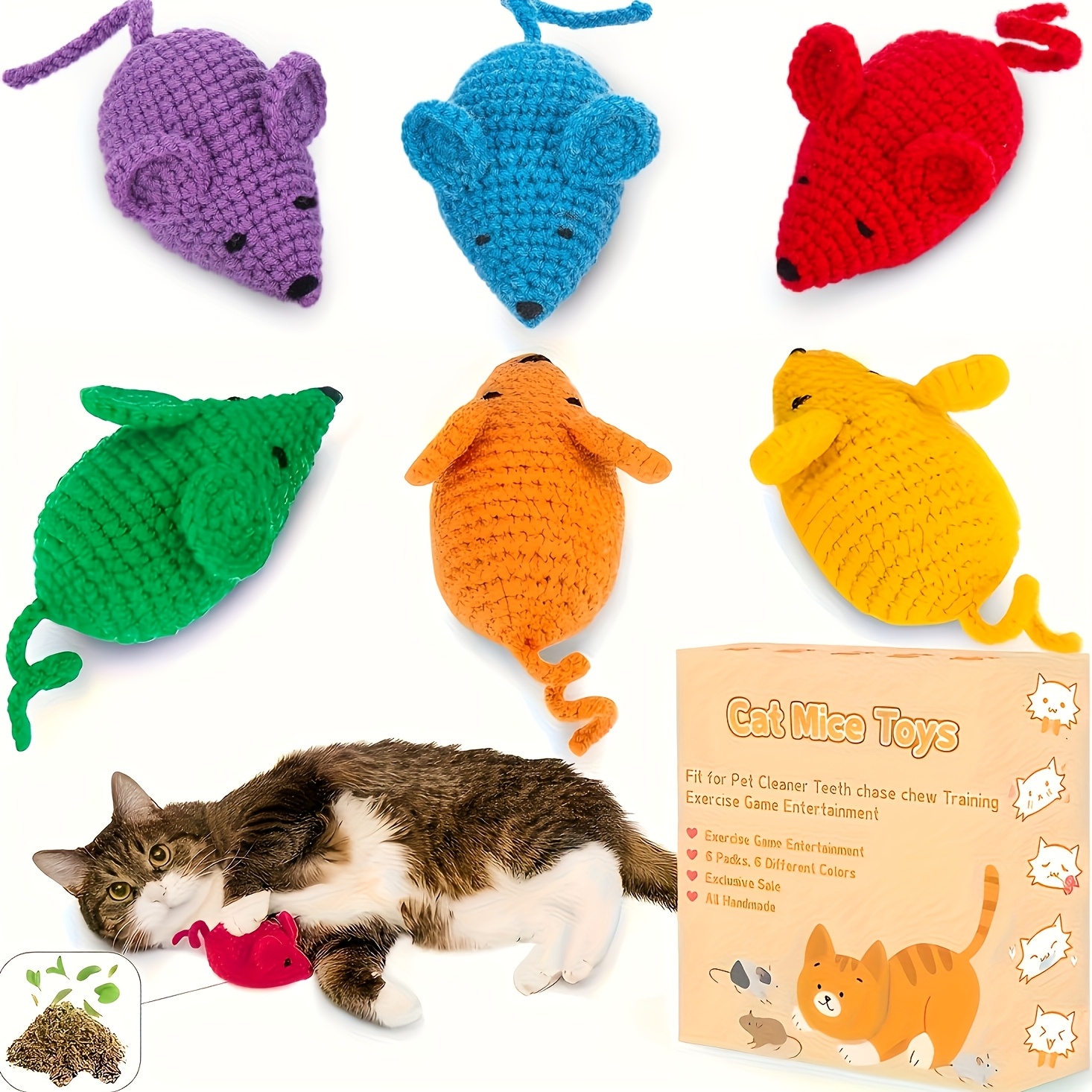 TEMU Jouets à base pour animaux de compagnie, souris au crochet pour chat, 6 pièces, jouets animaux souris en laine de cataire, jouet sûr pour le