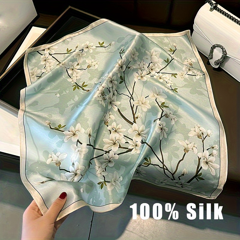 TEMU 100% Silk Women's Artificial Jade Orchid Square Scarf. With Silk And Elegant Floral Patterns, It Exudes A Gentle Charm. Around The Neck To Add A