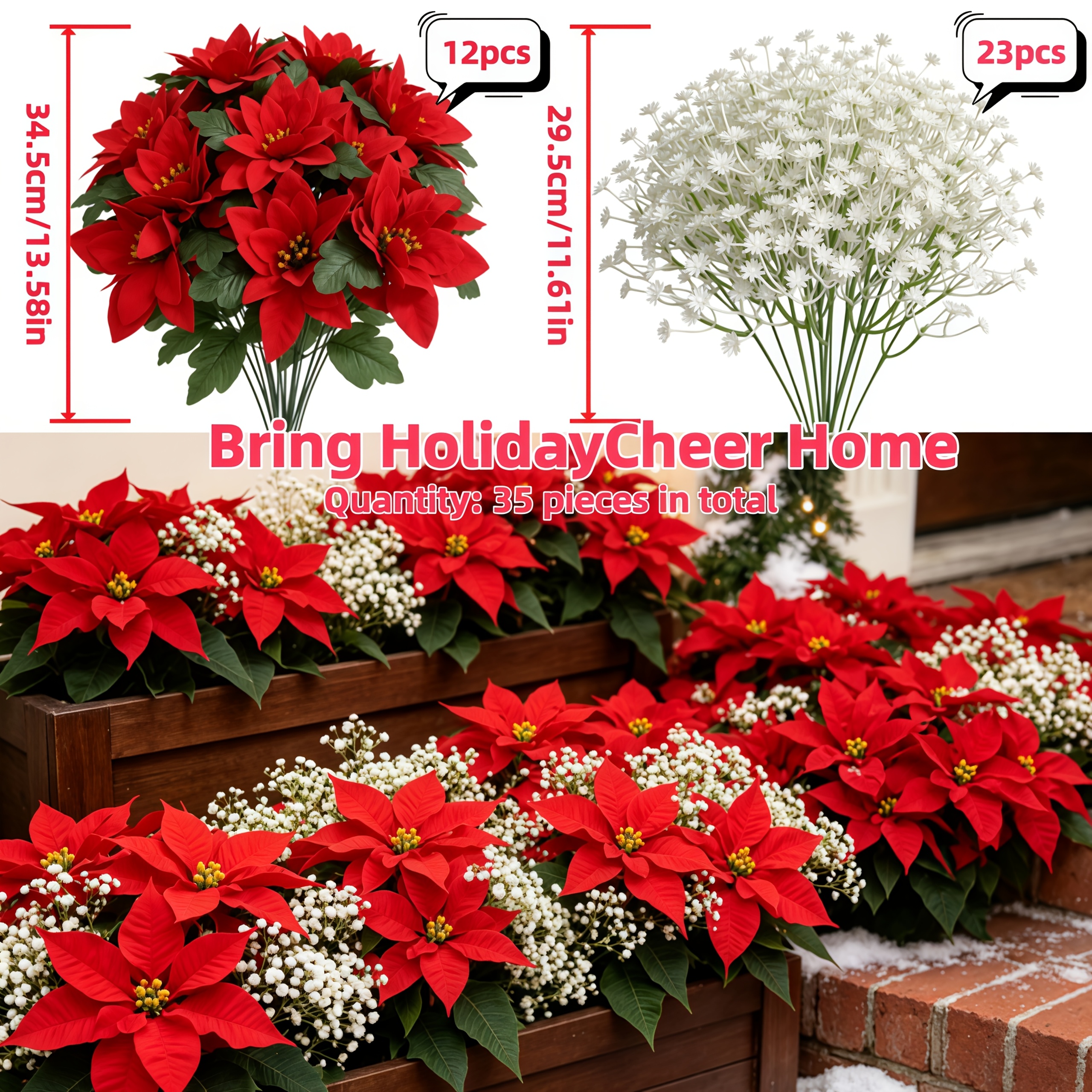 TEMU 35pcs Mixed Artificial Flowers Red Carnation 's Breath Decorative Bouquet, Realistic Texture Christmas Red Flowers With Fluffy White 's Breath