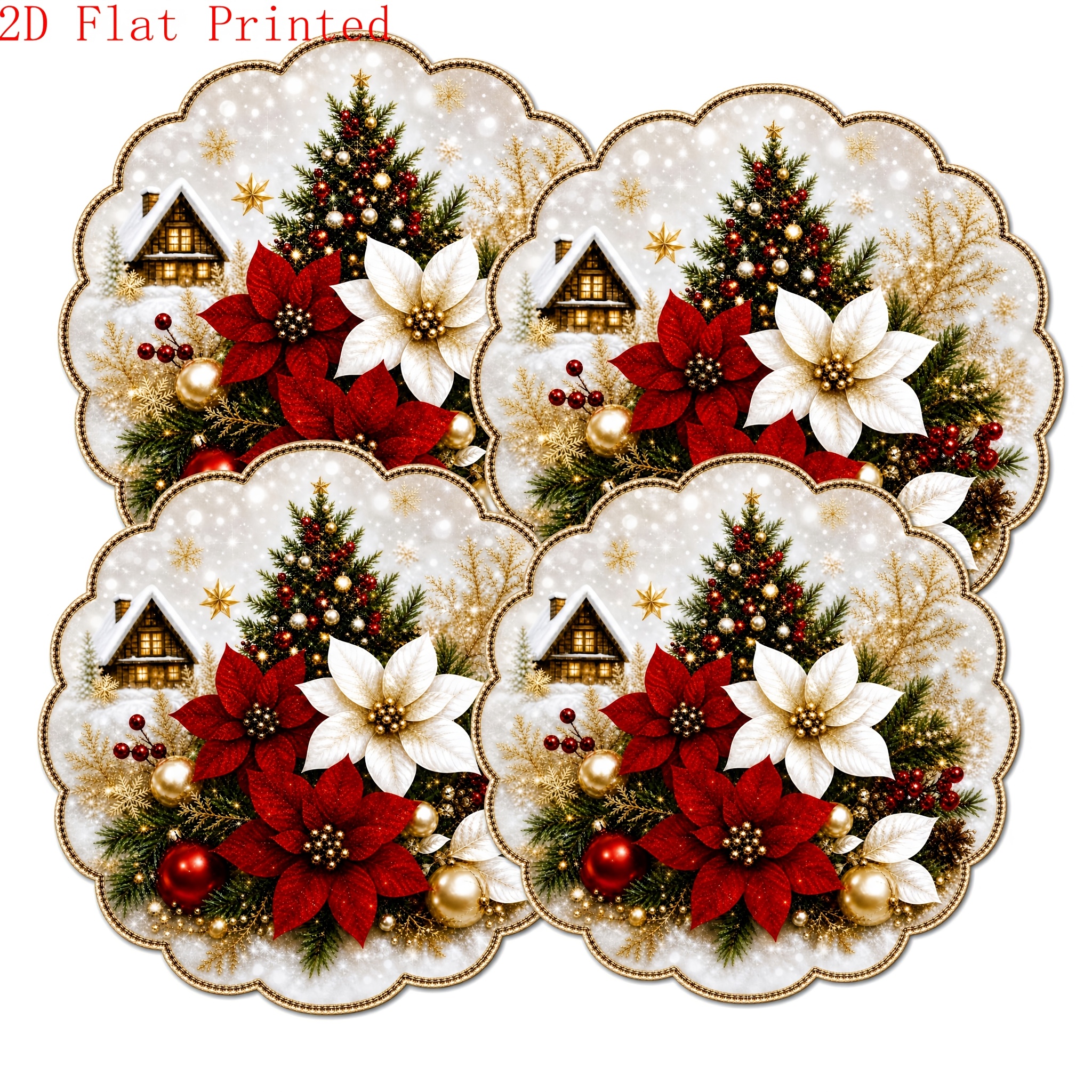 Image of 4pcs/6pcs Elegant Red Poinsettia & Star Christmas Placemats Suitable For Holiday Table Decor, Winter Snowflake Suitable For Xmas Tree, Table Mats Dining, Hand Washable For Home Decorations, 2d Flat