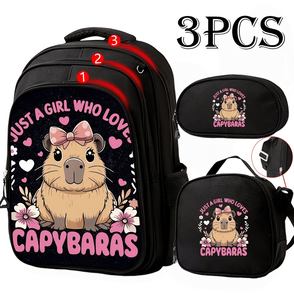 TEMU 3pcs Backpack Bundle, Capybaras And Flowers Theme Large Capacity Multi 3- Layer Travel Bag With Matching Crossbody Carrier & Accessory Pouch,