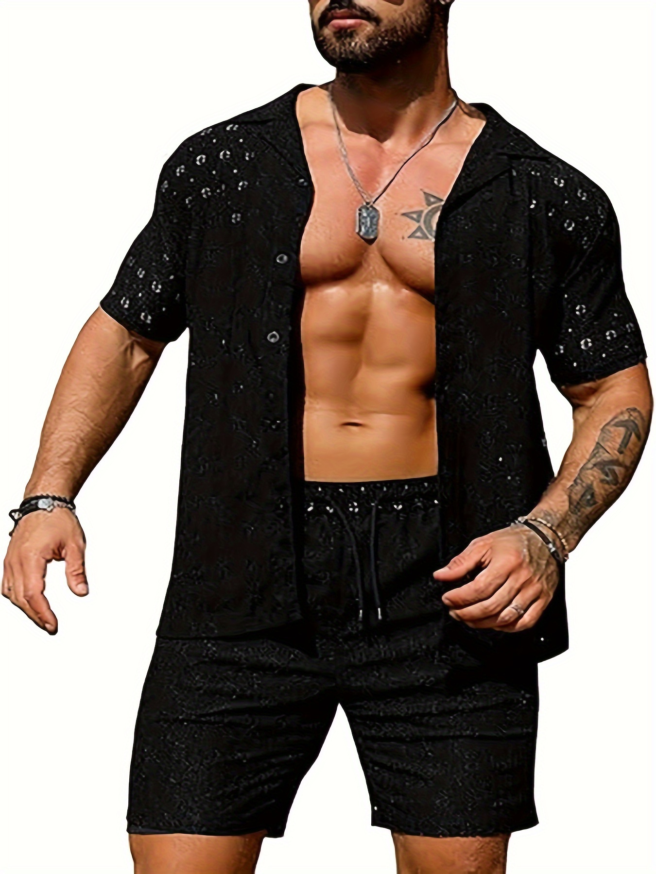 YAOHUOLE Ensemble 2 Pièces En Coton Et Lin Pour Homme Avec Chemise Et Short - Vêtements D'été Décontractés - Pour Vacances, Plage, Mariage, Noir , M