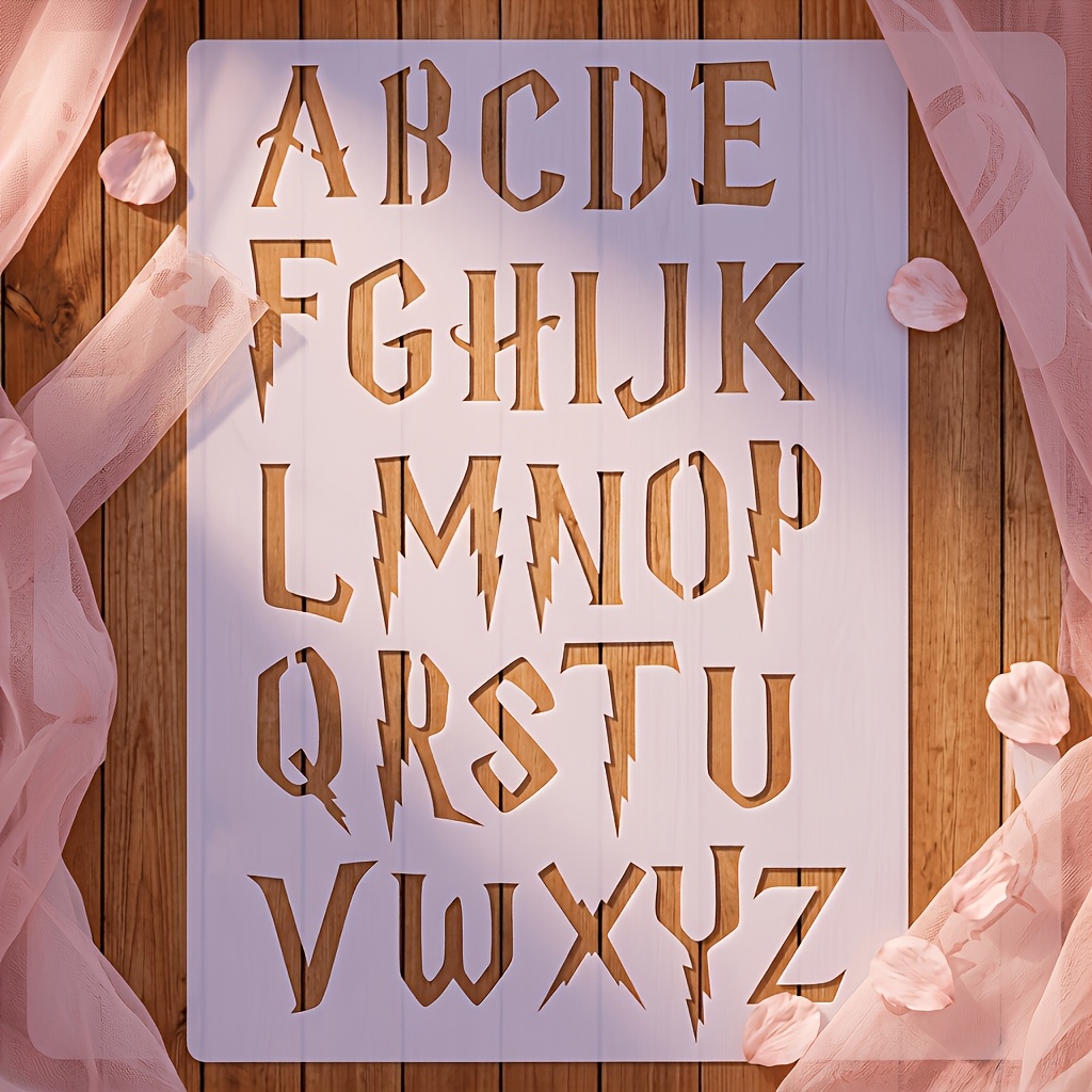 TEMU Stencil per lettere in plastica riutilizzabile formato A4, confezione singola, con carattere Magic Lightning con lettere maiuscole e minuscole -