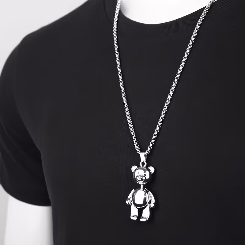 new cute bear pendant necklace stainless steel 70cm long chain suitable for women and mens daily wear classic pendant little bear movable design suitable for daily holiday gifts for her Product details 4