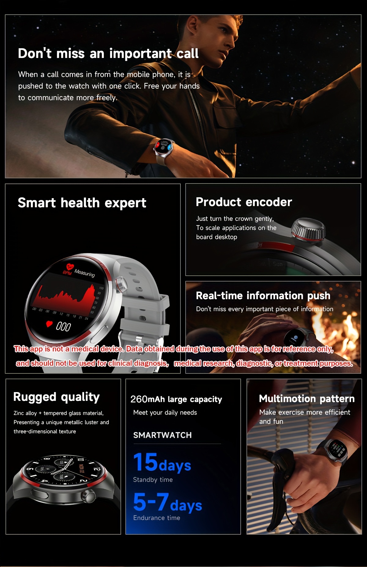 Montre connectée GPS pour homme 4 Pro Écran HD coloré de 1,53 pouces, cadran personnalisé, boussole, suivi de la condition physique, connectivité téléphonique sans fil, style moderne_voghion.com
