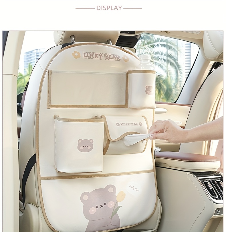 Cute Bear & Bunny Car Organizer - Multi-Functional Seat Back Storage with Trash Bin, Tissue Holder, Cup & Phone Slots, Durable Faux Leather, Easy Clean - Perfect Holiday Gift details 13