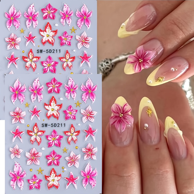 1 blatt geprägte florale nagelaufkleber, rosa lilie hawaii-blütenblatt mit goldenen seestern-perlenmustern nagelabziehbilder, sommer-nagelkunst-dekorationen, maniküre-zubehör für damen