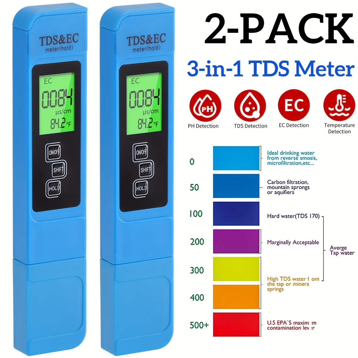 TEMU 2pcs , 3in 1 Tds, Ec & Temperature Meter, Drinking Water Ppm Meter, Testing Kits, No Installation Needed