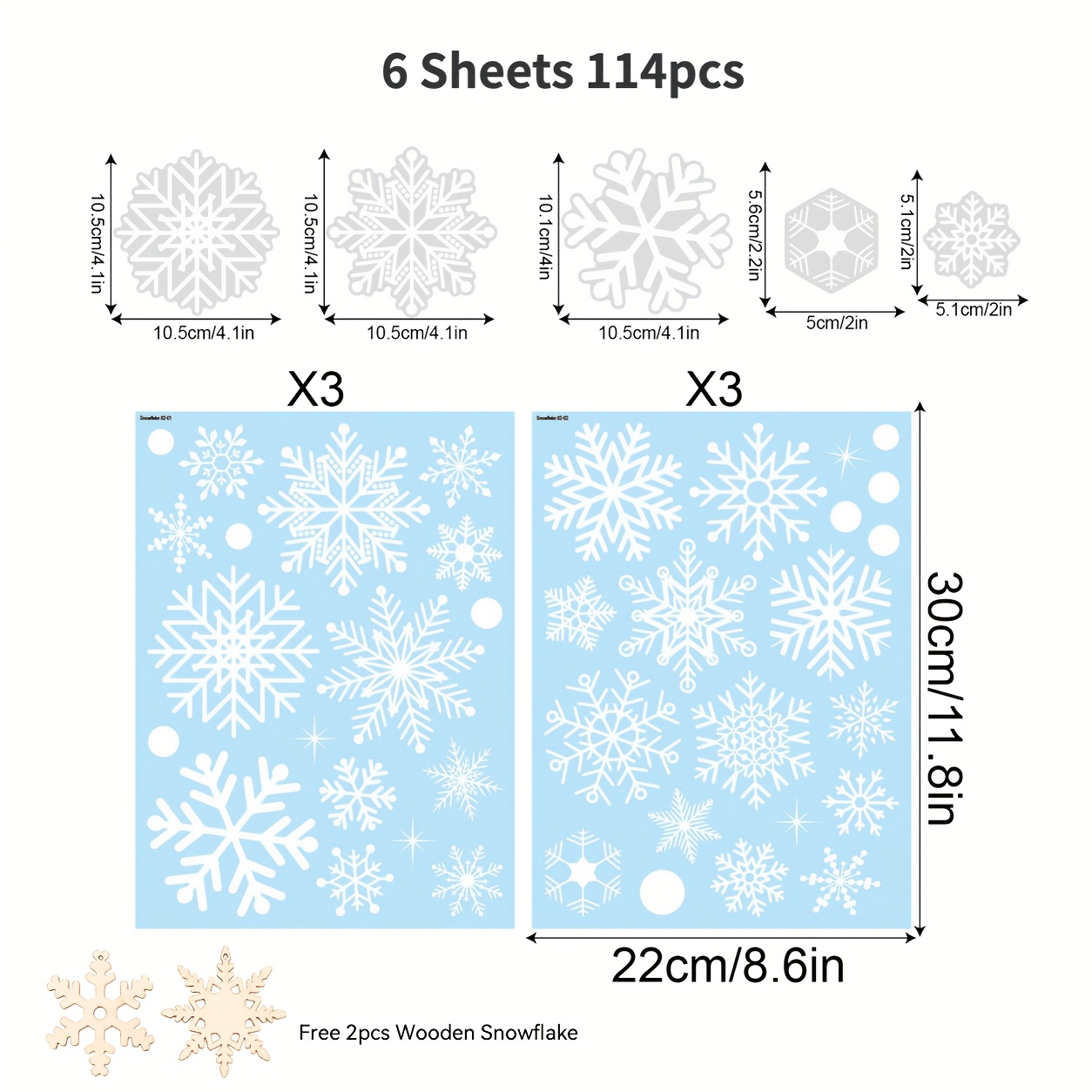 6 Sheets 114pcs Snowflake Window Sticker Christmas Decoration Winter Door Window Background Decoration White Snowflake Static Glass Sticker