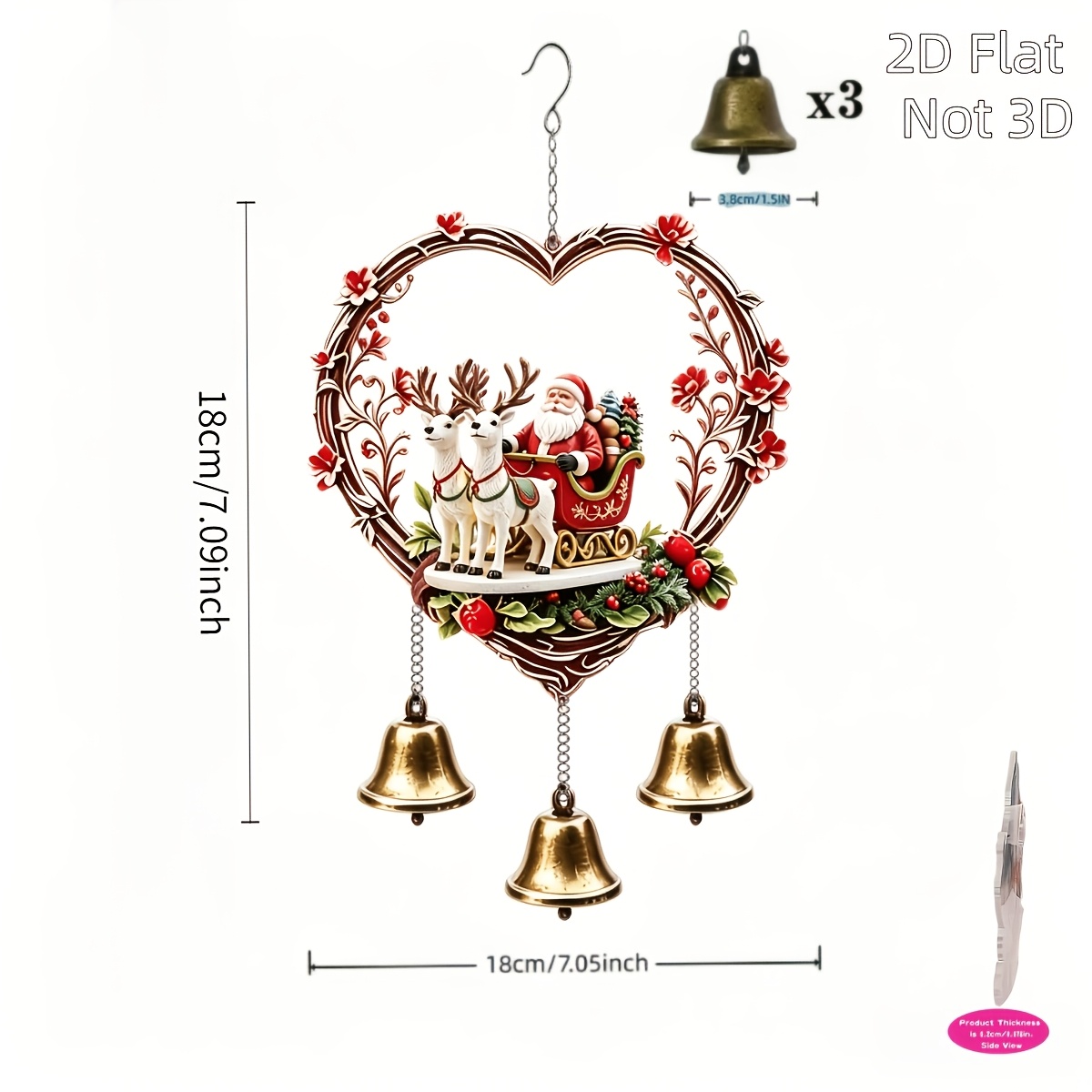 TEMU 1pc 2d Red Floral Carved Heart Wind Chime, Santa Claus On A Sleigh With And Christmas Berry Decorations, Vintage Bells With A Clear, Sound,