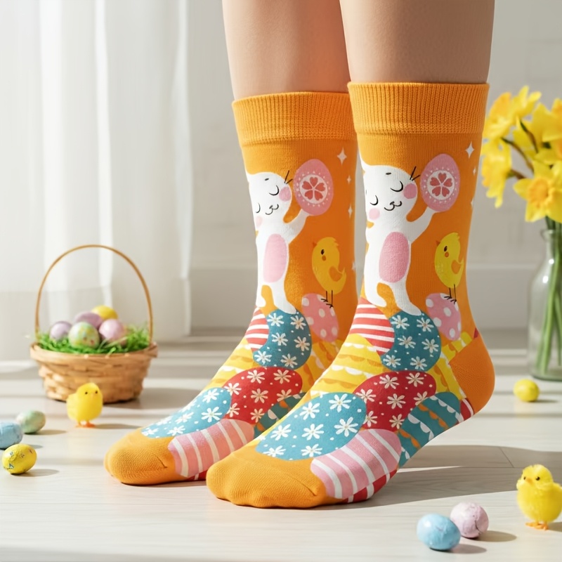 1 Pair Of Cartoon Printed Women's Socks With Orange Rabbit And Chicken Eggs In Summer Back-to- Season, Cute And Interesting Stockings Suitable For Dating And Shopping.