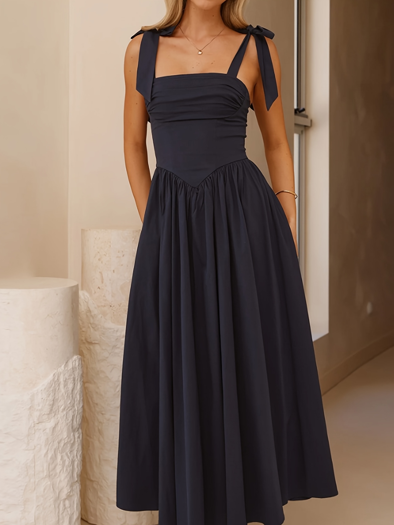 french bow halter neck dress womens navy summer square long SID-D25519
