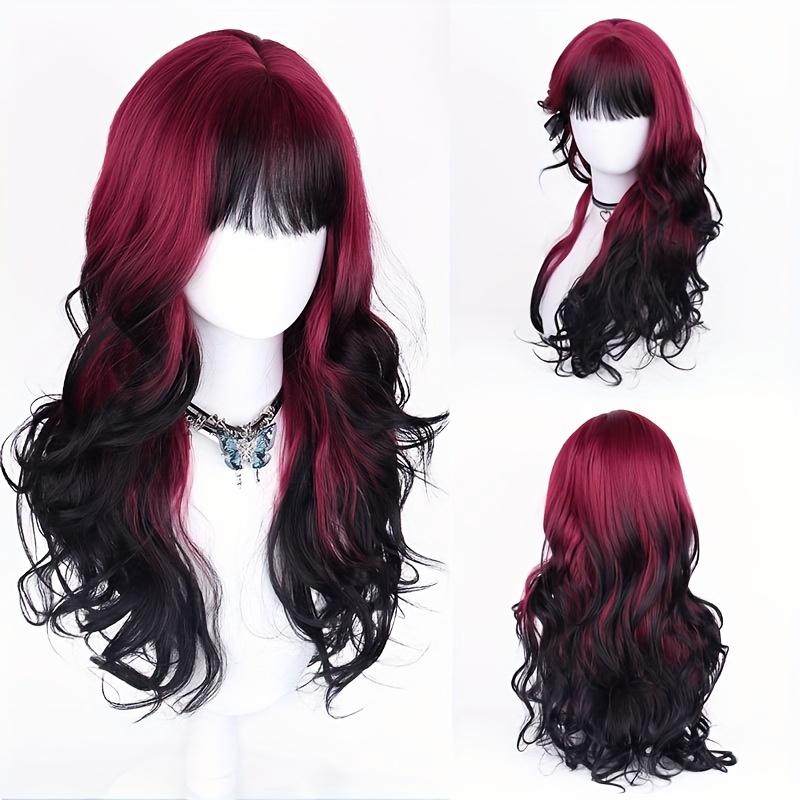 TEMU 28" Wavy Curly Long Hair Wigs For Women With Black And Red Highlights, Perfect For Cosplay And Daily Party Wear