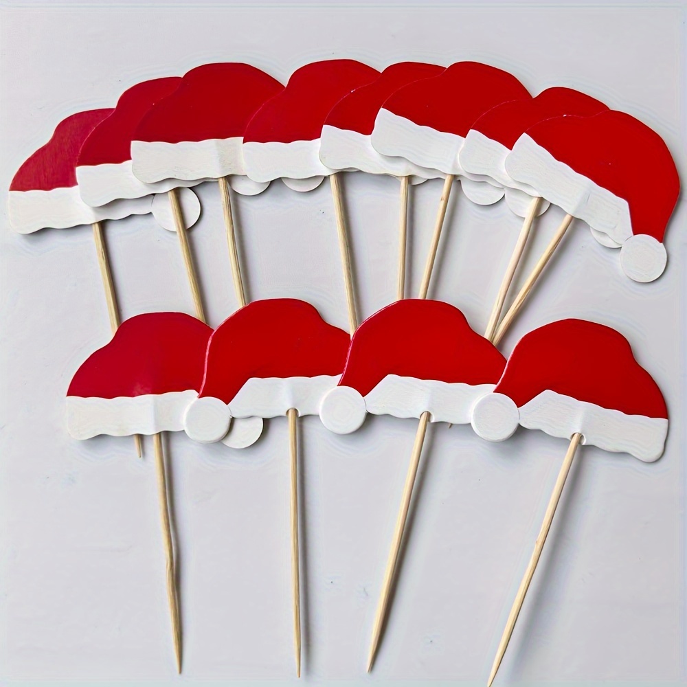 

12pcs Hat Cake Toppers - Christmas Party Decorations, Bamboo & Paper