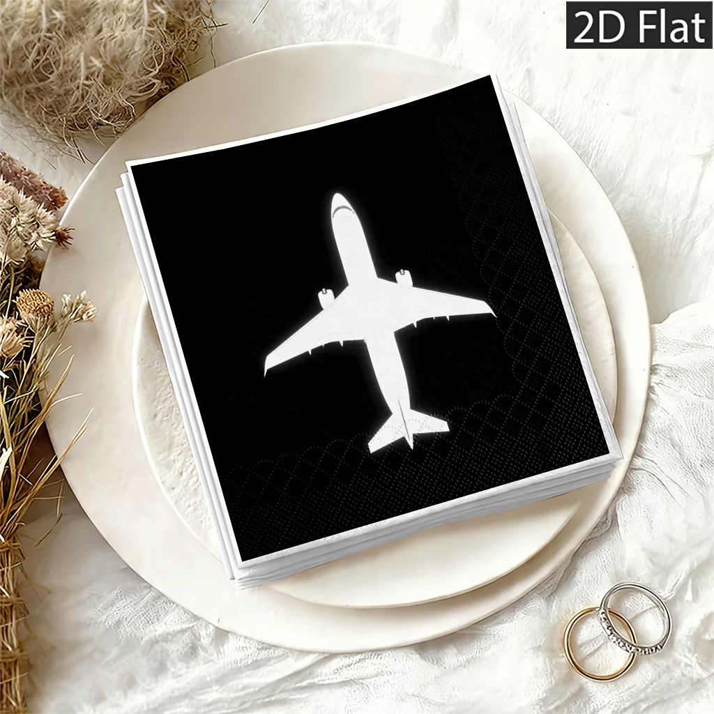 TEMU 2d Flat 20pcs White Airplane Silhouette On Black Background Disposable Paper Napkins, 2-ply For Extra Durability - Weddings, Birthdays &