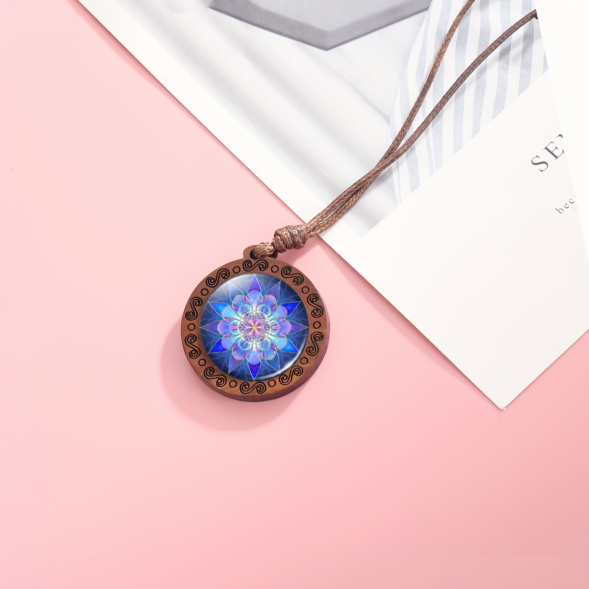 Wooden Pendant Necklace with Blue Lotus Pattern