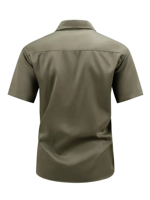 mens casual cargo short sleeve shirt with button pockets solid color non stretch fabric regular fit for weekend casual wear