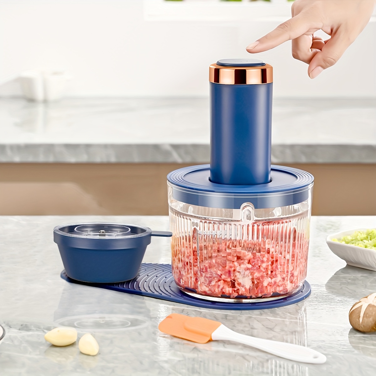 plug in model with a 1 2l glass meat grinder bowl and three 0 25l seasoning small bowls household preparation seasoning machine multifunctional electric grinder baby food grinder minced meat grinder food chopper electric vegetable chopper garlic seasoning machine ice crusher with 2 four blade blades for chopping fruits meats vegetables baby food nuts ice and   seasonings for preparation Product details 0