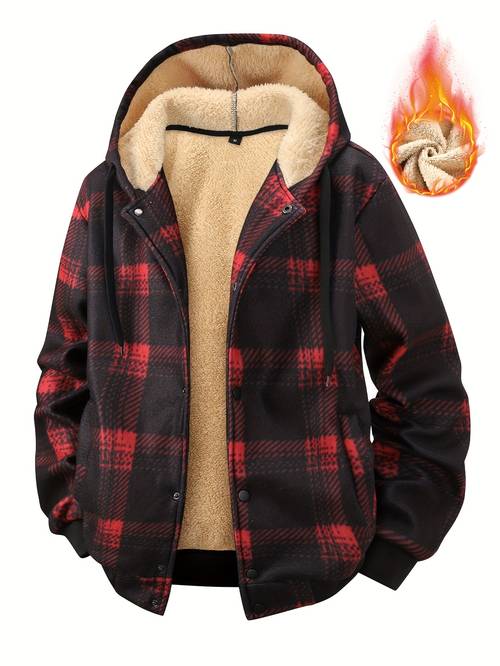 mens check like jacket with hood thick single breasted button closure chest pocket casual collar coat for young men machine washable pattern outdoor daily wear