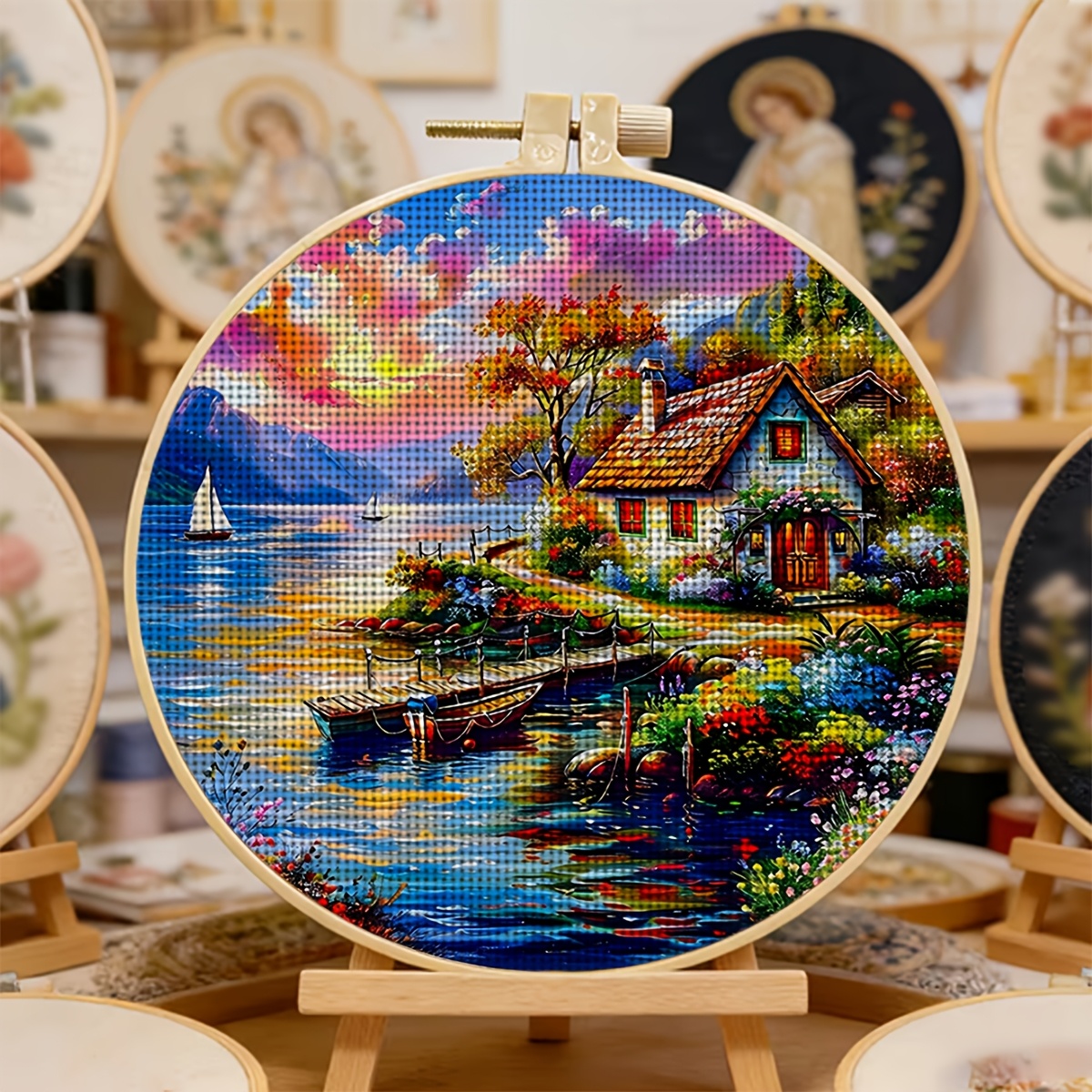 Round Cross Stitch Printed Kit with Hoop, Red Roof Cottage Pattern