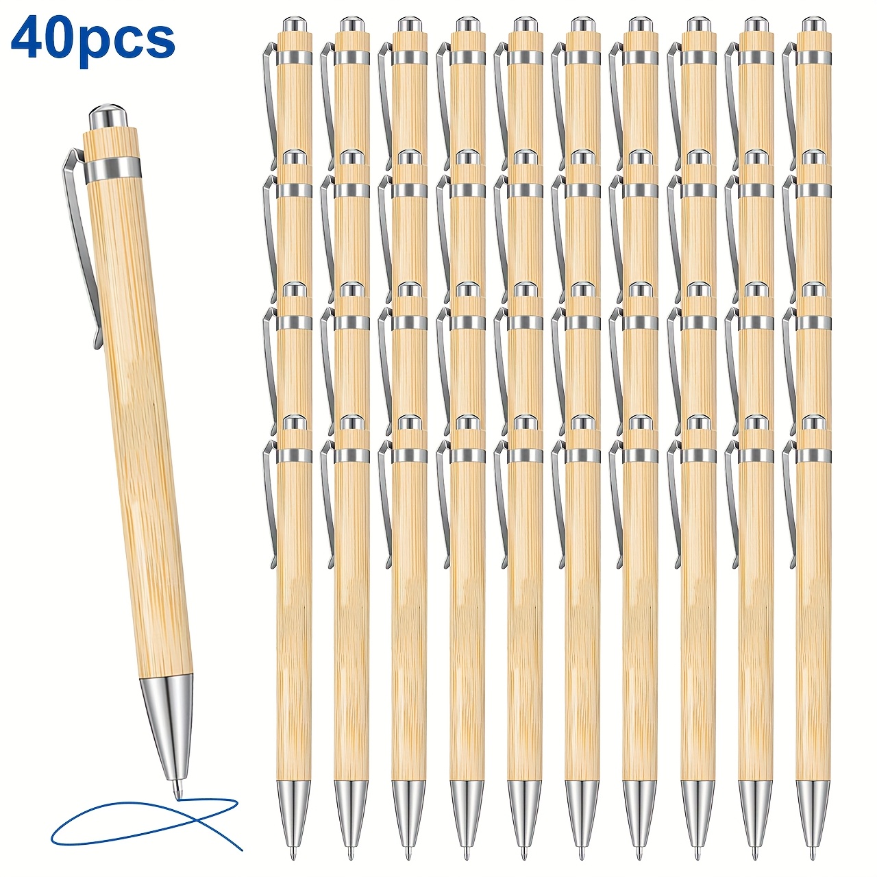Image of 40pcs Blue Ink Bamboo Ballpoint Pens, With Smooth Writing End, Perfect For Office, School, And Gift Use. Christmas Gifts