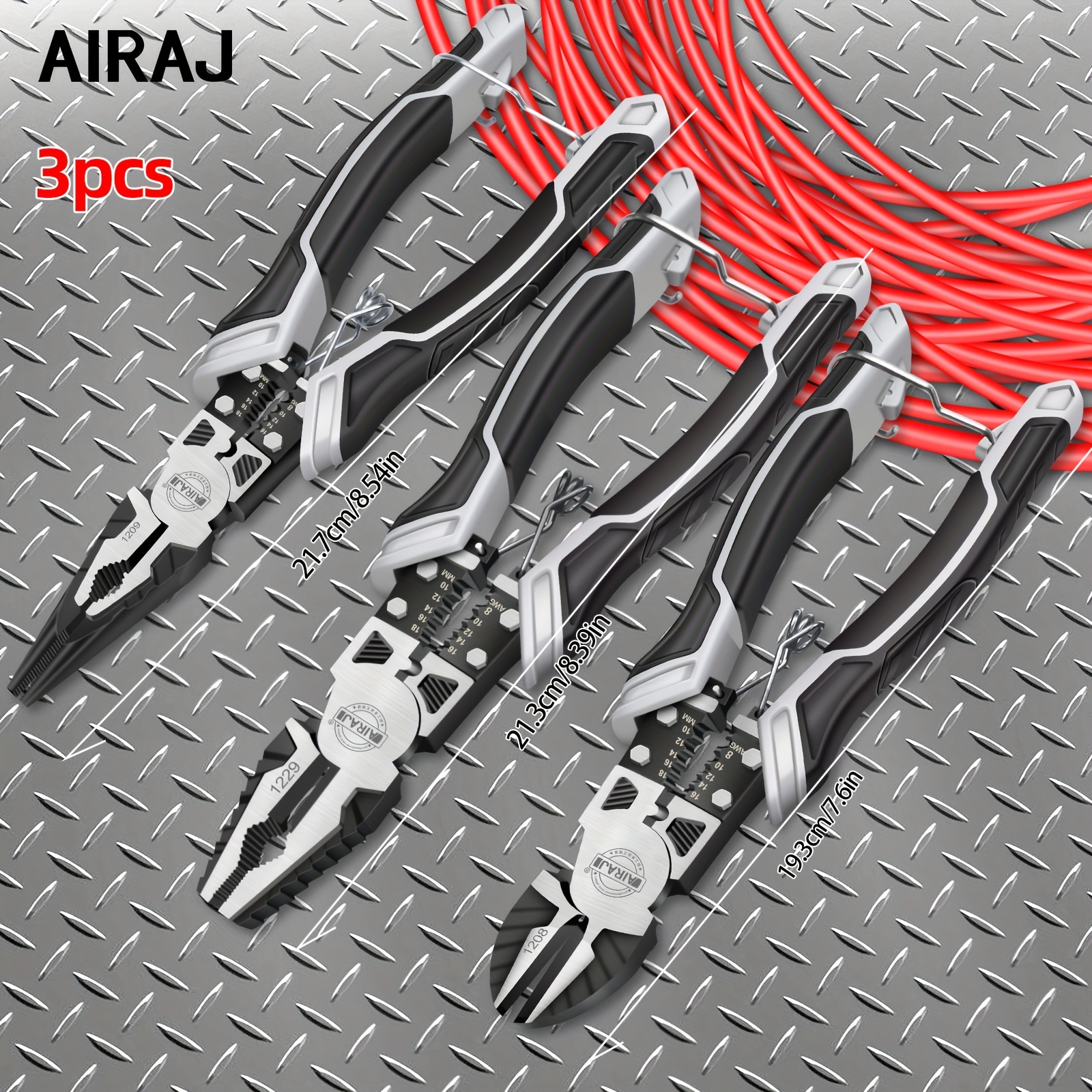 TEMU Airaj 3pcs Pliers Set, Large 6in 1 Multifunctional Wire Stripper Crimper Cutter, 8.5" Long Nose Pliers, 8.5" Linesman Pliers, 8" Diagonal Side