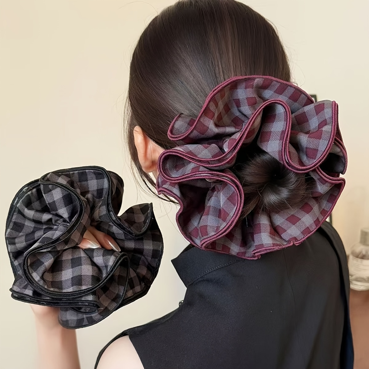 TEMU 2 piezas de tipo scrunchie a cuadros de capas para mujer, nueva para otoño/invierno, para el pelo de lujo y simple para uso diario