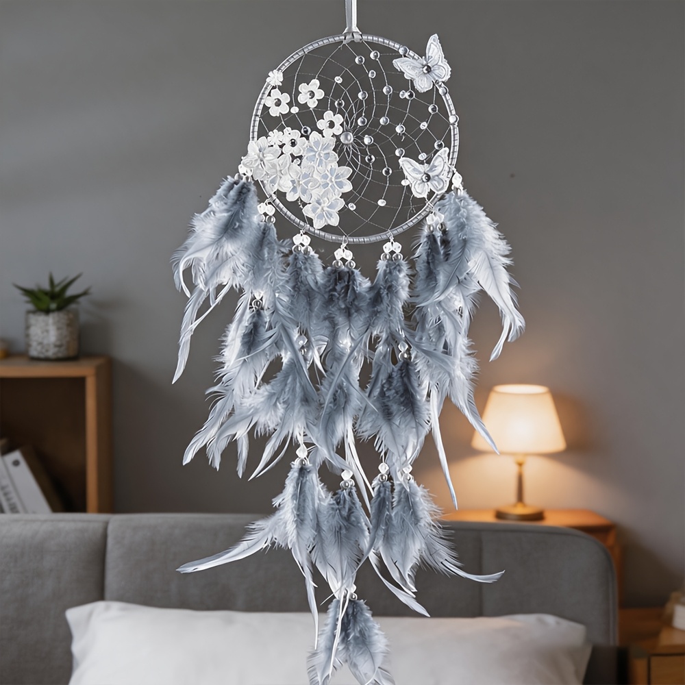Handmade Silvery Butterfly Floral Grey Gradient Feather Dream Catcher