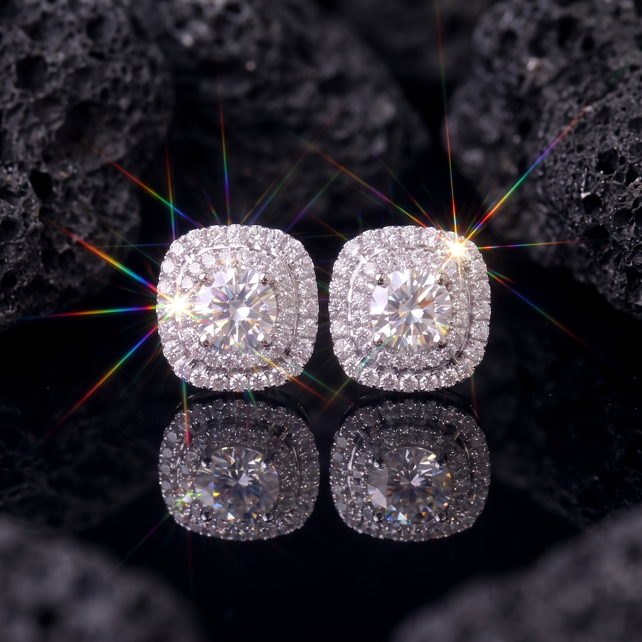 TEMU 1 Paire de Clous d'Oreilles Carrés à Double Couche Pavés de Cuivre et CZ, Style Hip-Hop Luxueux Unisexe, Parfaits pour les Quotidiens, les et de