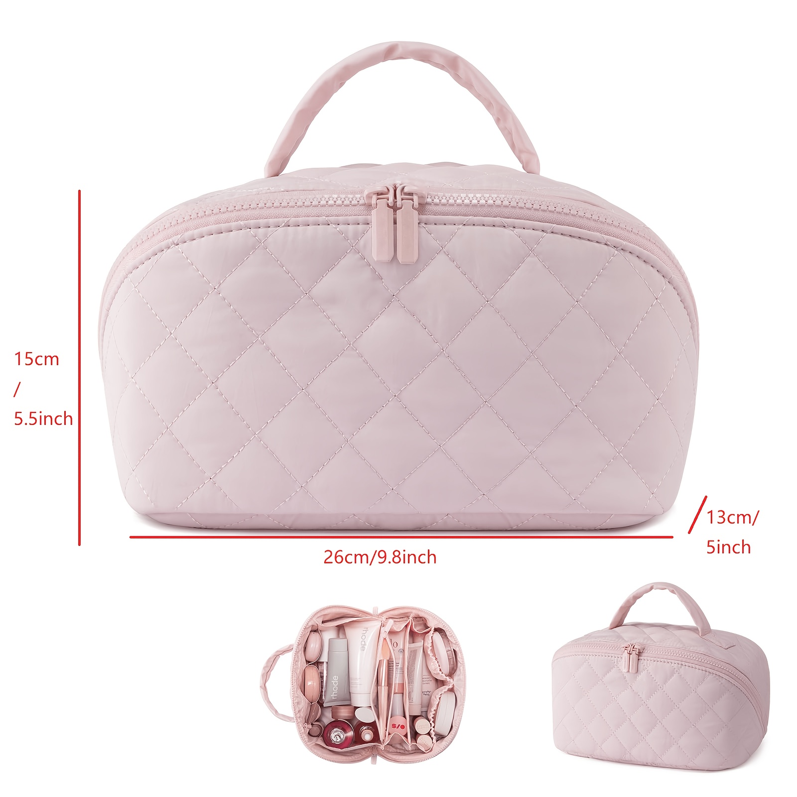 Large Capacity Quilted Makeup Bag for Women, Portable Travel Cosmetic Organizer Case, Lay-Flat Open Toiletry Pouch for Skincare Beauty Tools with Clear Pouch