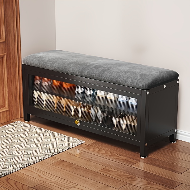 Shoe Changing Stool with Shoe Rack, Soft Stool, Shoe Cabinet/shoe Changing Stool That Can Hold Multiple Pairs of Shoes, Elegant Entryway Shoe Cabinet, Shoe Storage Solution, Carbon Steel Storage Stool, Black/cream White, for Home Entrance Passages
