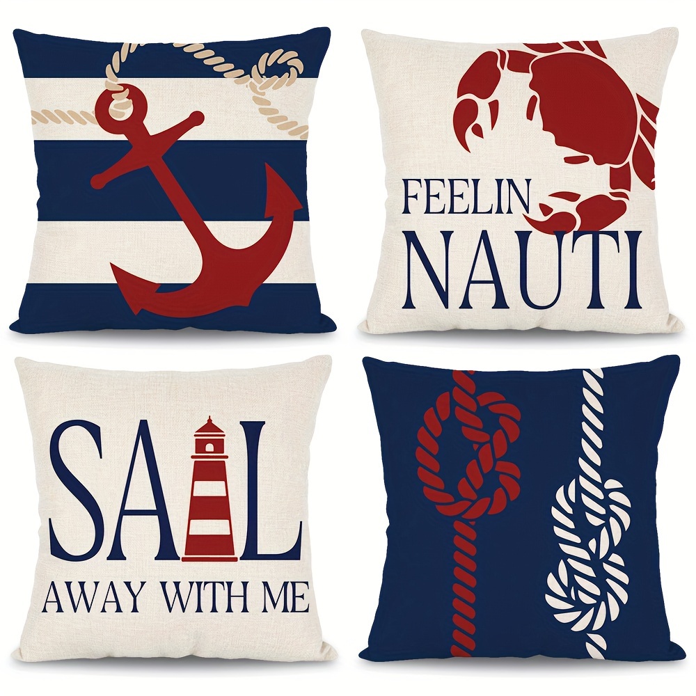 

[ ]1pc/4pcs Nautical Theme Pillow Cover Coastal Cushion Cover Nautical Knot Lighthouse Blue And Design Sofa Cushion Cover Suitable For Porch Room Home Decor No Pillow